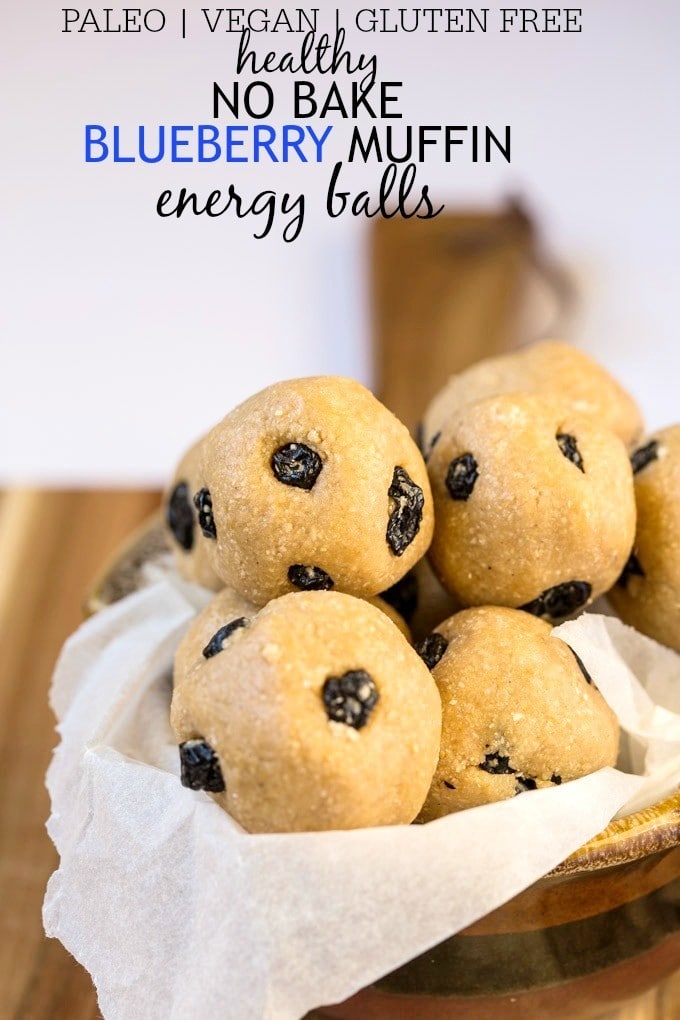 Healthy No Bake Blueberry Muffin Energy Balls- These no bake energy balls taste like a blueberry muffin minus the oven, added fats and sugars! Just five minutes is all you'll need to whip up these easy, healthy delicious snacks- Vegan, gluten free, refined sugar free and a paleo option!  @thebigmansworld -thebigmansworld.com
