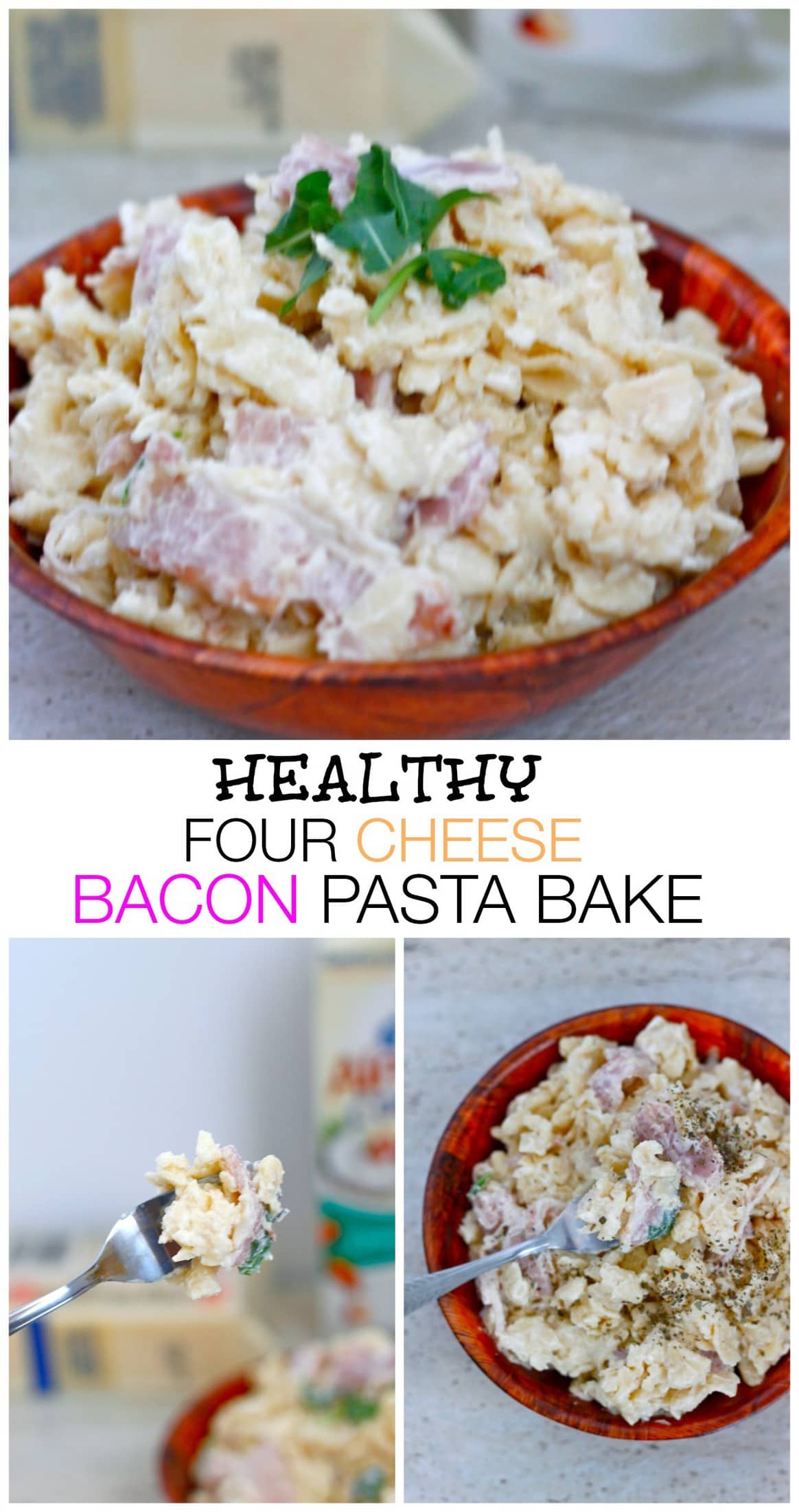 Healthy Four Cheese and Bacon Pasta Bake