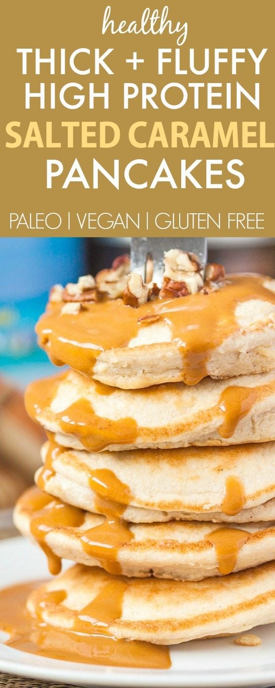 Healthy THICK and FLUFFY Salted Caramel Pancakes which are accidentally low carb and packed with protein- NO nasties! A delicious breakfast choice! {paleo, gluten free, grain free recipe}- thebigmansworld.com