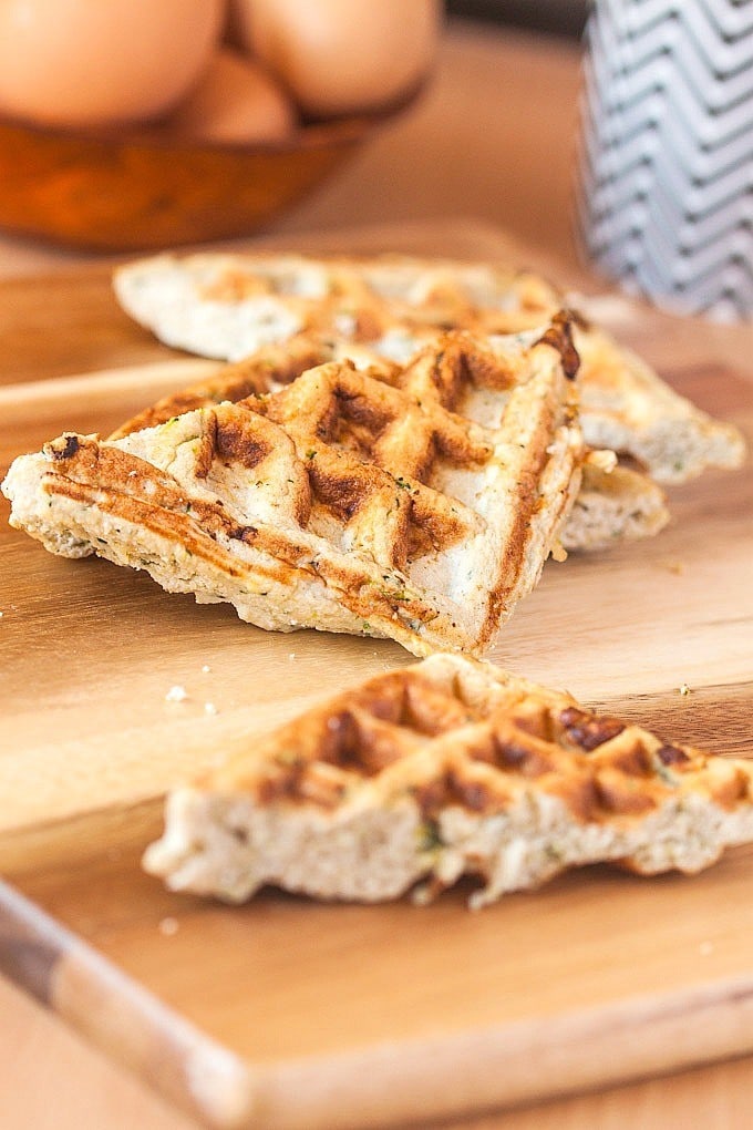 Gluten Free Cheddar and Garlic waffles which are #glutenfree #highprotein and #grainfree- A delicious, savoury twist on the classic! -thebigmansworld.com