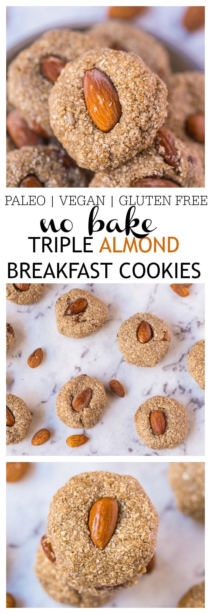 No Bake Triple Almond Breakfast Cookies- A delicious, no bake healthy cookie recipe which requires 1 bowl and 10 minutes tops to whip up! Using almonds three ways, these cookies are gluten free, paleo, vegan, dairy free and the perfect grab and go healthy breakfast! @thebigmansworld -thebigmansworld.com