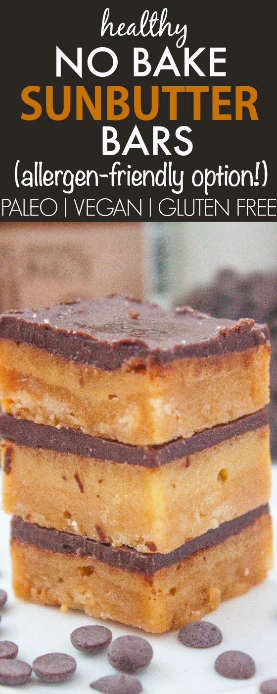 Healthy No Bake SunButter Bars which are a quick and easy dessert or snack which takes no time and can be completely allergen friendly! {vegan, gluten free, paleo recipe}- thebigmansworld.com