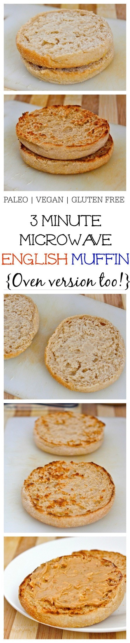 Healthy 3 Minute Microwave English Muffin made with NO flour, NO oil, NO butter and comes with a tested oven option! {vegan, gluten free, paleo recipe}- thebigmansworld.com