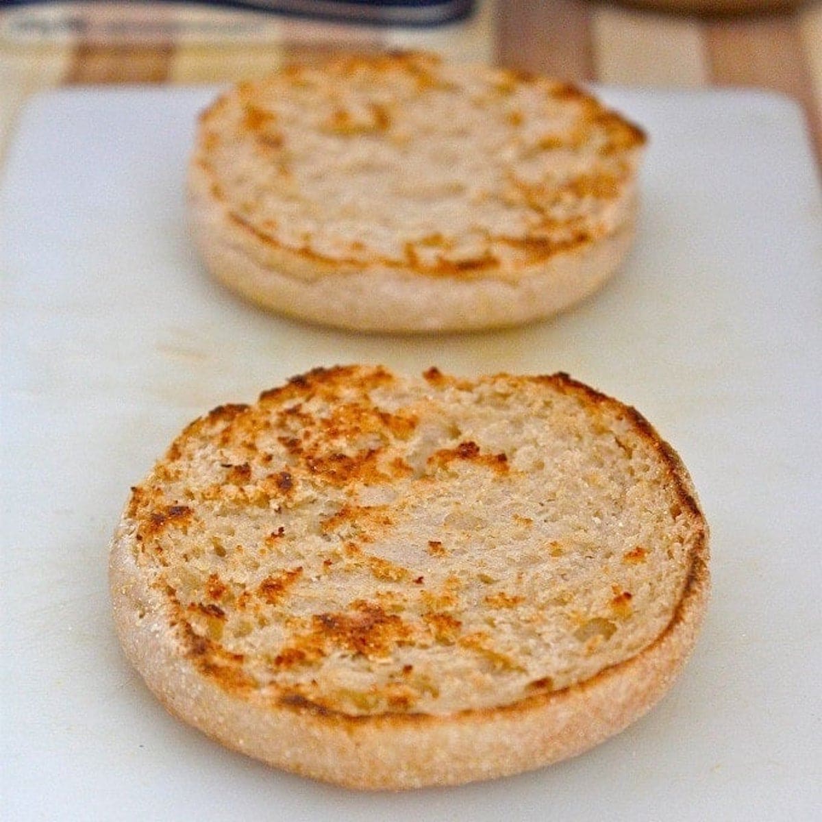 sliced microwave english muffin in half. 