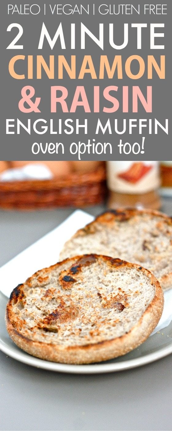 2 Minute Cinnamon Raisin English Muffin (V, GF, Paleo)- An easy, delicious and satisfying microwave English muffin made with no grains, sugar, flour or oil! Just like the classic, with an oven option too! {vegan, gluten free, grain free recipe}- thebigmansworld.com