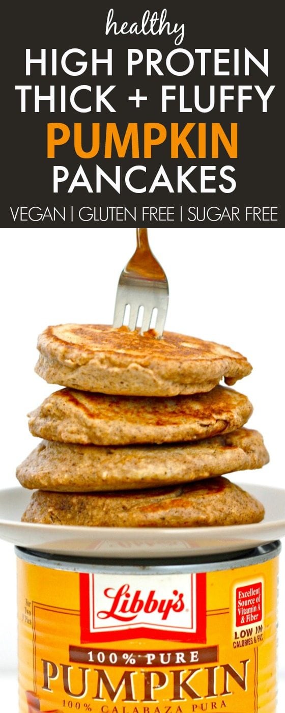 Healthy THICK and FLUFFY Pumpkin Gingerbread Pancakes loaded with protein and made with NO sugar! {vegan, gluten free, sugar free recipe}- thebigmansworld.com