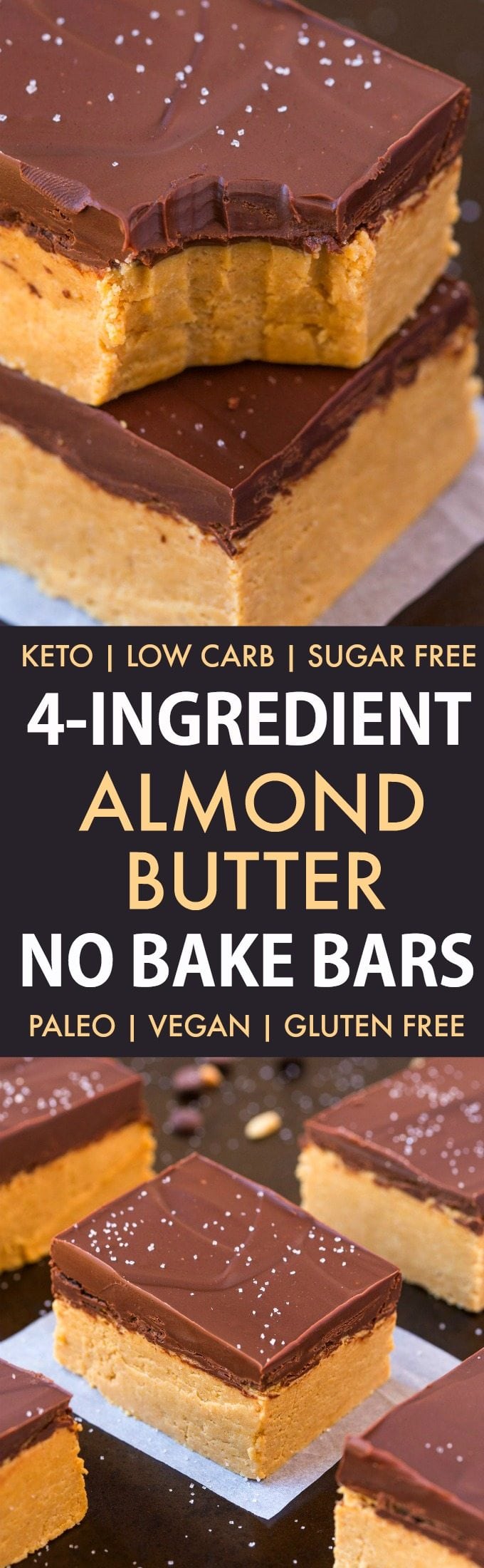 4-Ingredient No Bake Almond Butter Bars (Low Carb, Paleo, Vegan, Keto, Sugar Free, Gluten Free)- Easy, healthy and seriously addictive protein packed almond butter bars using just 4 ingredients and needing 5 minutes. | #keto #ketodessert #almondbutter #dairyfree #healthy #nobake | Recipe on thebigmansworld.com