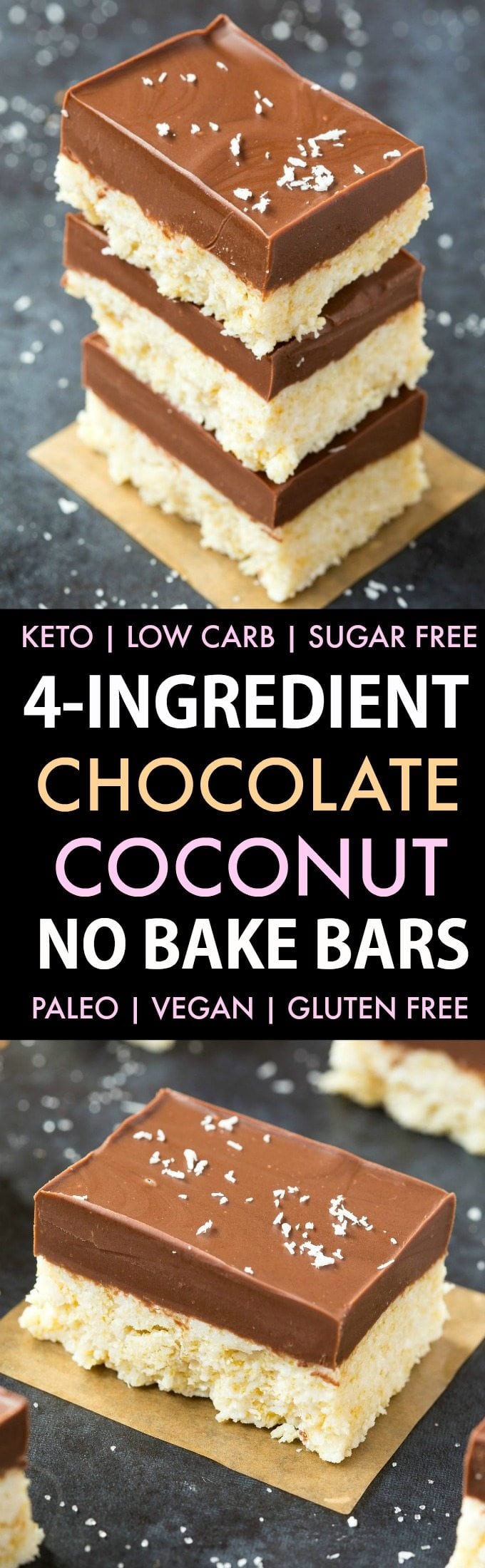 4-Ingredient No Bake Chocolate Coconut Bars (Low Carb, Paleo, Vegan, Keto, Sugar Free, Gluten Free)- Easy, healthy and seriously addictive chocolate coconut candy bars using just 4 ingredients and needing 5 minutes! They taste like a bounty mound bar! #keto #ketodessert #coconut #healthy #nobake | Recipe on thebigmansworld.com