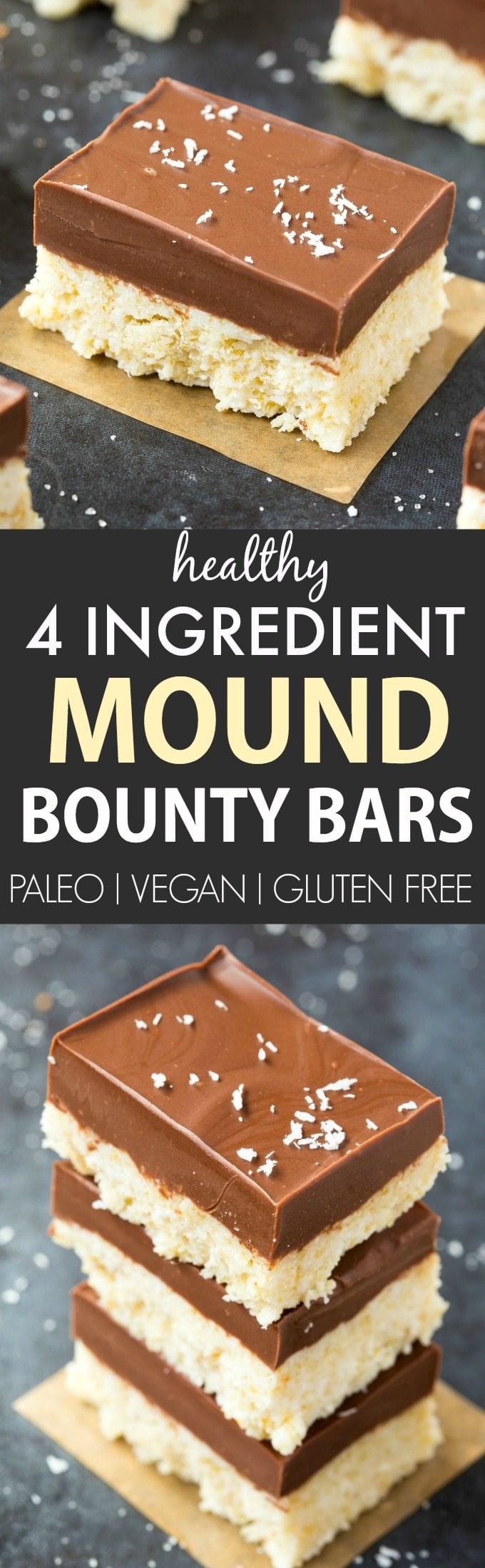 4 Ingredient No Bake Mound Bounty Bars (V, GF, P, DF)- Easy, fuss-free and delicious, this healthy candy bar copycat combines coconut and chocolate in one! {vegan, gluten free, paleo recipe}- thebigmansworld.com