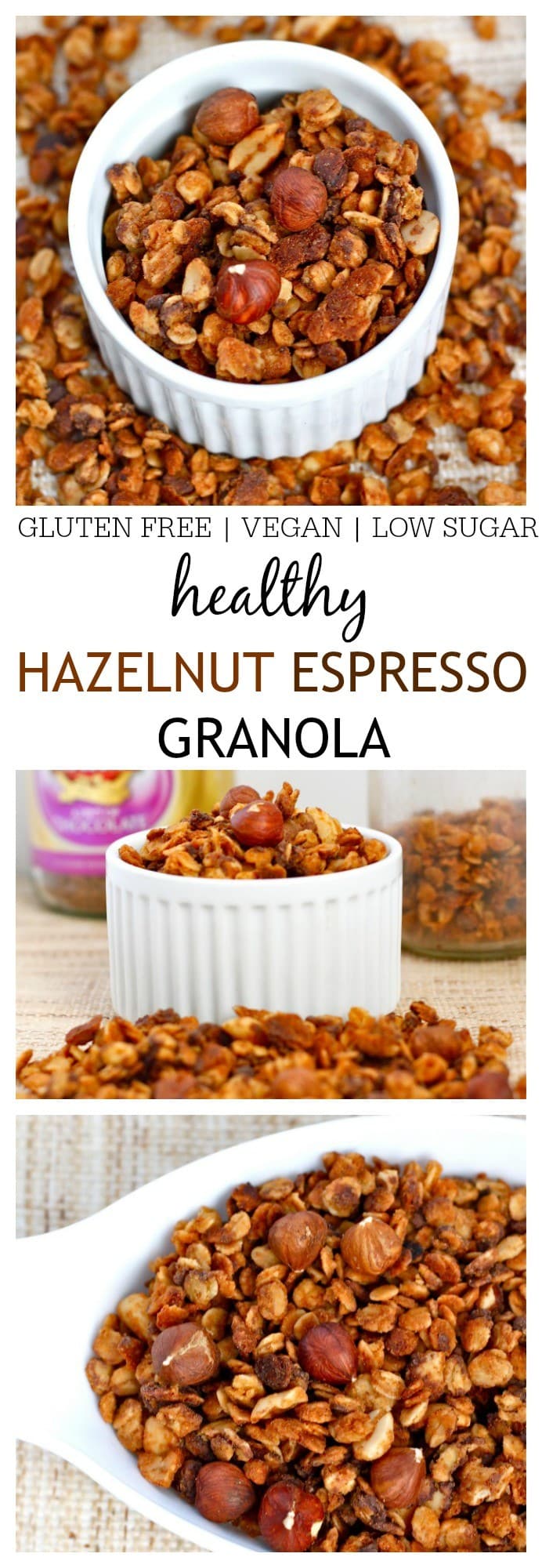 Hazelnut Espresso Granola- A delicious, healthy and nutritious granola recipe which has hints of espresso thanks to ground coffee added in the baking process! This granola is perfect for snacking or for breakfast and is gluten free, refined sugar free and has a vegan version! @thebigmansworld -thebigmansworld.com