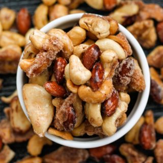 Easy healthy Stovetop Sugar Free Candied Nuts made with NO sugar and completely keto, paleo, vegan and gluten-free- The perfect Christmas gift or holiday treat- Crispy, crunchy, sweet and salty candied nuts with a hint of cinnamon!