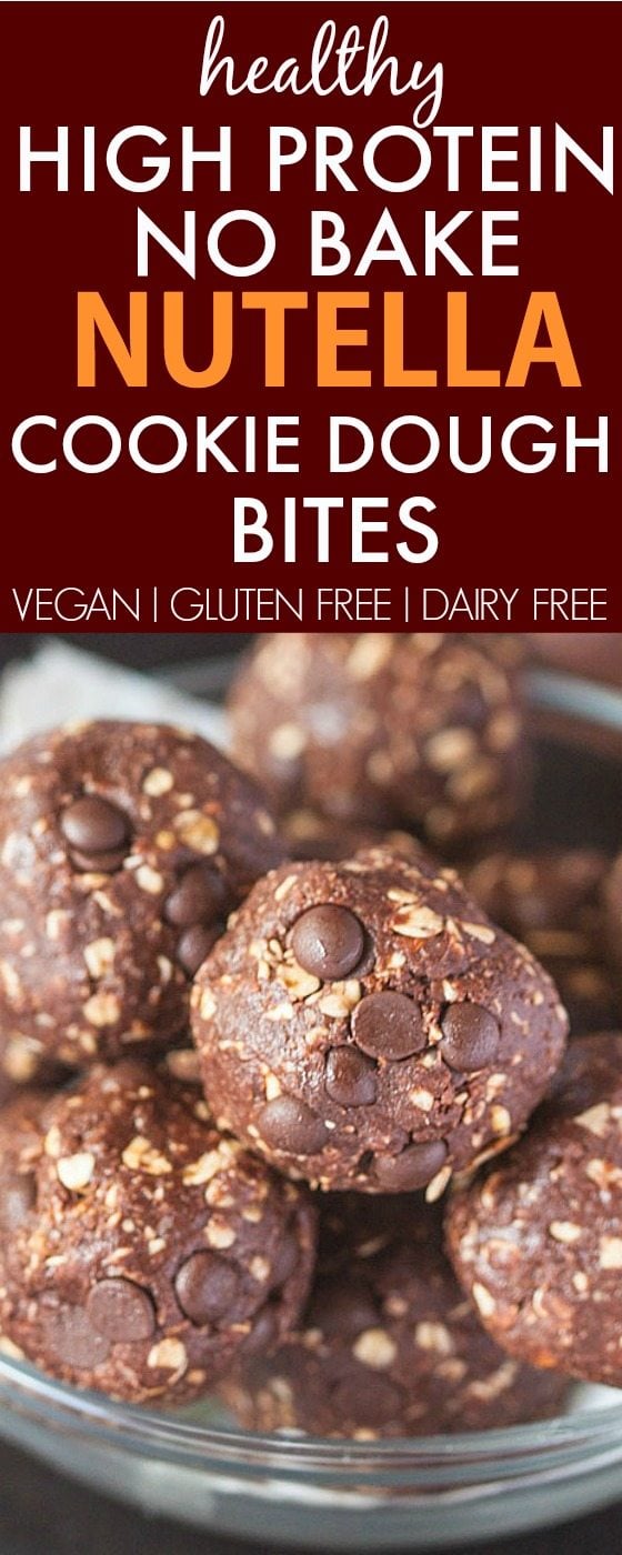 Healthy No Bake Nutella Cookie Dough Bites which are packed with protein but taste like dessert- The PERFECT snack which takes minutes! {vegan, gluten free, dairy free recipe}- thebigmansworld.com