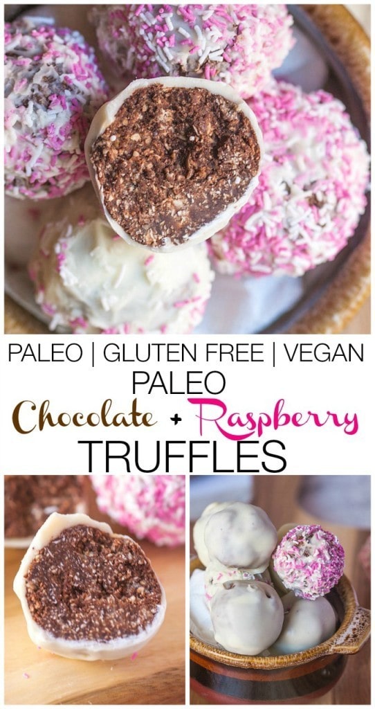 Paleo Chocolate and Raspberry Truffles- These #healthy truffles are also #vegan and #glutenfree! Perfect for Valentine's Day! -thebigmansworld.com