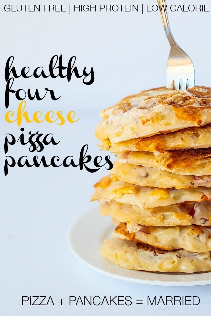 Secretly Healthy Four Cheese Pizza Pancakes- When #pizza married #pancakes, these were born- For less than 300 calories, you have a huge, filling stack of pancakes which are #glutenfree, #highprotein and perfect for any meal of the day! @thebigmansworld.com