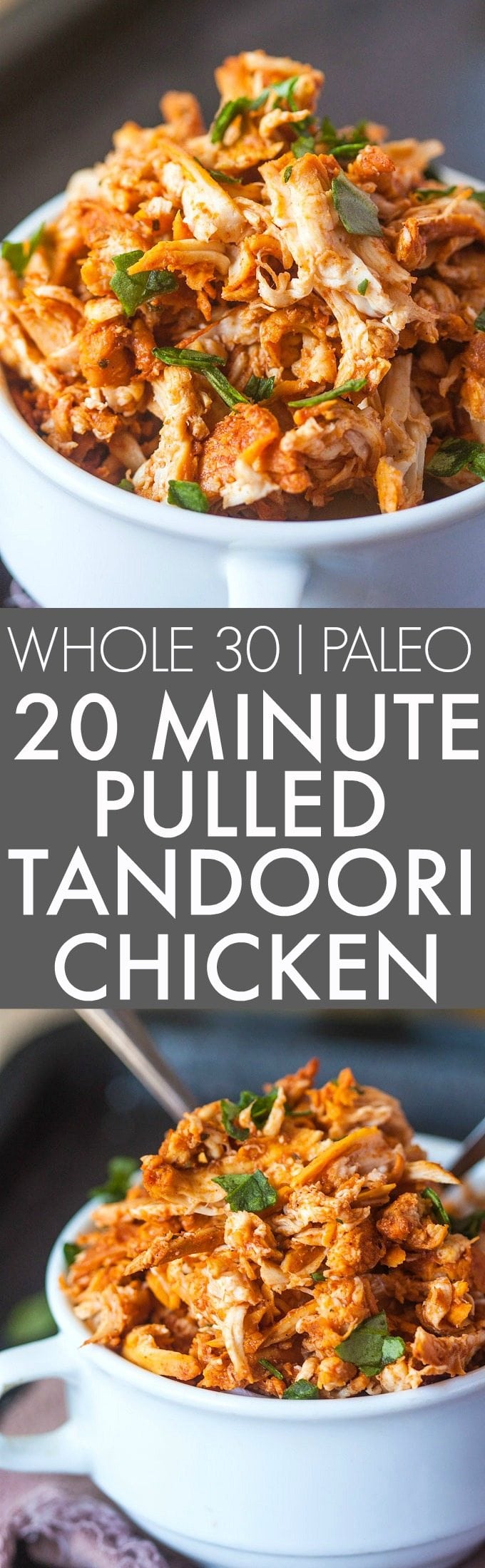 20 Minute Stovetop Pulled Tandoori Chicken (Whole 30, Paleo)- Whole30 Friendly juicy, moist and EASY pulled tandoori chicken perfect for a low carb, high protein and flavorful meal- Lunch, dinner and freezer friendly! {paleo, gluten free, whole30}- thebigmansworld.com