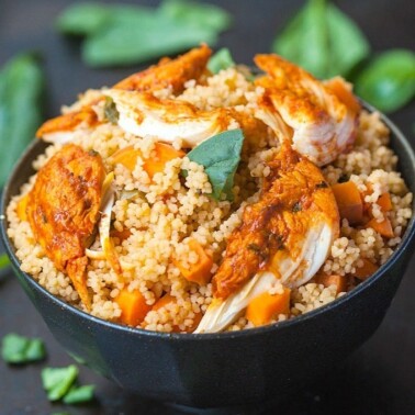 Healthy One Pot Couscous Paella- Have a meal ready in under 20 minutes with this delicious and healthy one pot couscous paella! Perfectly customisable- Add your favourite protein and veggies of choice! gluten free too! @thebigmansworld.com -thebigmansworld.com