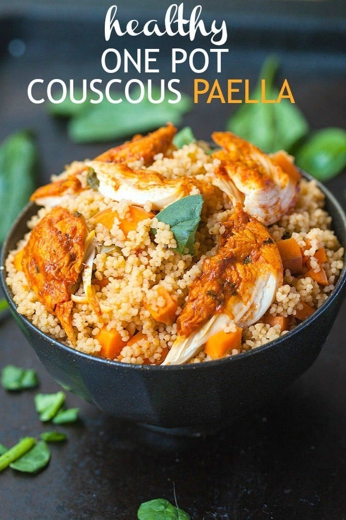 Healthy One Pot Couscous Paella- Have a meal ready in under 20 minutes with this delicious and healthy one pot couscous paella!  Perfectly customisable- Add your favourite protein and veggies of choice! gluten free too! @thebigmansworld.com -thebigmansworld.com