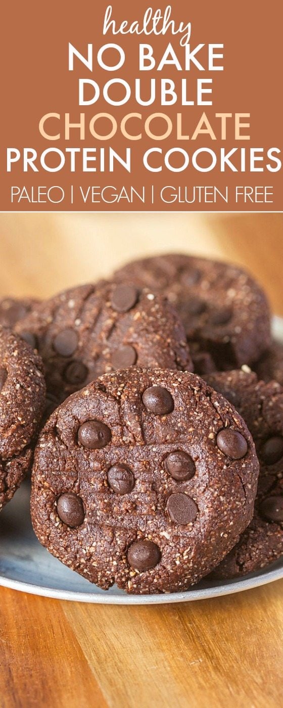 Healthy No Bake Double Chocolate Cookies loaded with chocolate AND Protein but secretly healthy- They are SO fudgy and chewy! {vegan, gluten free, paleo recipe}- thebigmansworld.com