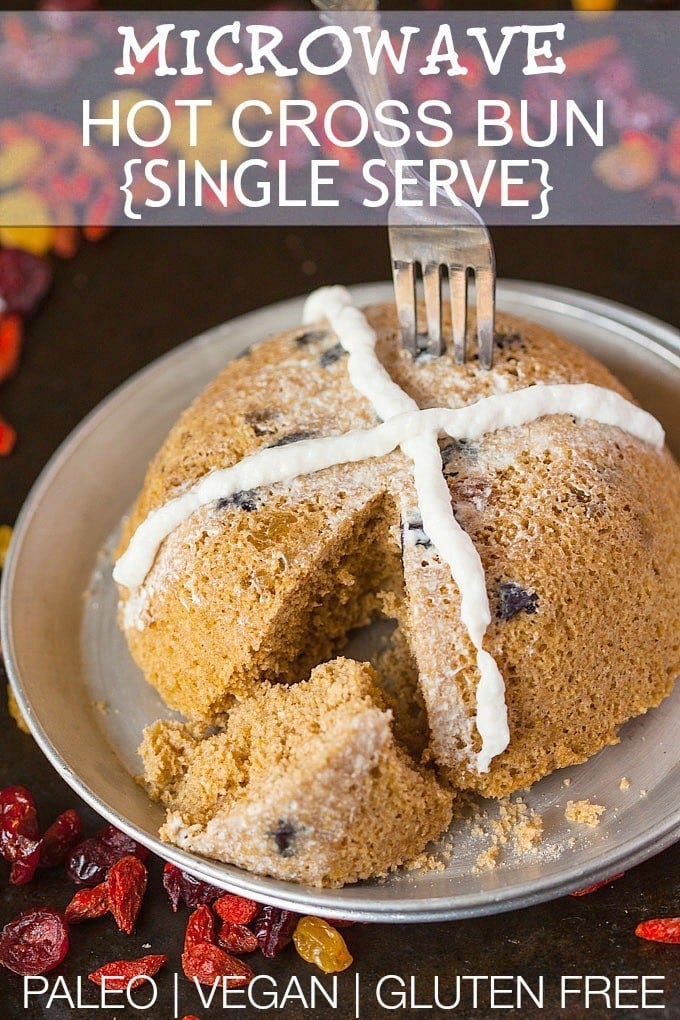 Microwave Hot Cross Bun- A delicious SINGLE SERVE recipe for a hot cross bun perfect for Easter and ready in 3 minutes! Paleo, Gluten Free, Dairy Free, Sugar Free and with a vegan option! @thebigmansworld -thebigmansworld.com