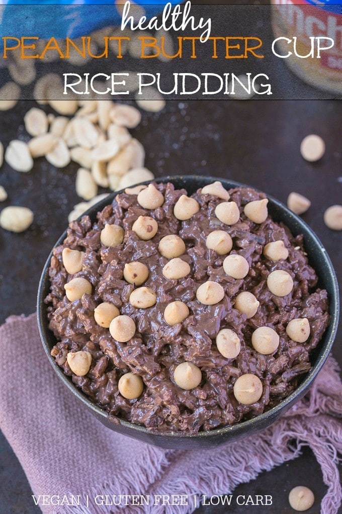 Healthy Peanut Butter Cup Rice Pudding- Packed full of protein and peanut butter chocolate goodness, this healthy rice pudding tastes exactly like a peanut butter cup minus the added sugars, fats and other nasties! Ready in less than 10 minutes, it's perfect for a make ahead breakfast or made in a batch for an after dinner treat- Vegan, gluten free, dairy free AND a low carb option! @thebigmansworld- thebigmansworld.com
