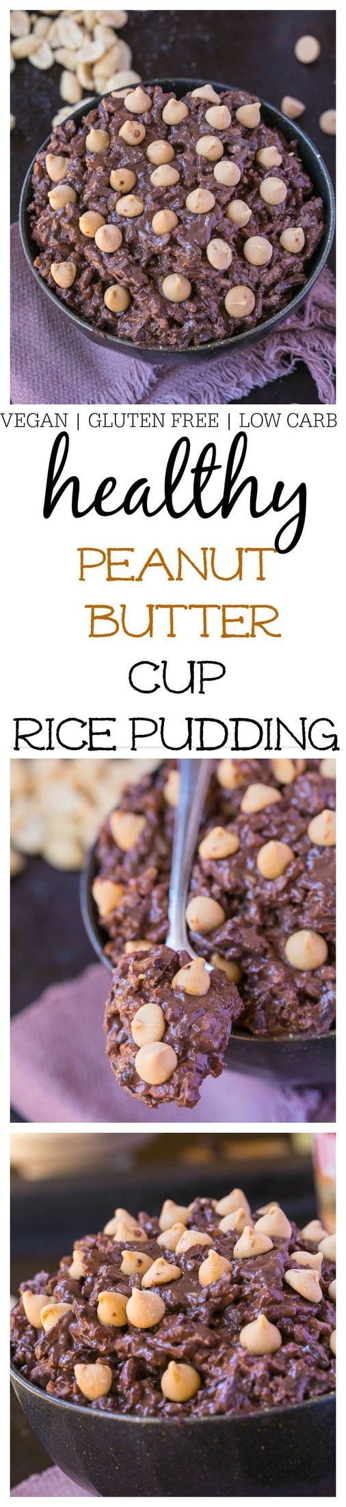Healthy Peanut Butter Cup Rice Pudding- Packed full of protein and peanut butter chocolate goodness, this healthy rice pudding tastes exactly like a peanut butter cup minus the added sugars, fats and other nasties! Ready in less than 10 minutes, it's perfect for a make ahead breakfast or made in a batch for an after dinner treat- Vegan, gluten free, dairy free AND a low carb option!  @thebigmansworld- thebigmansworld.com