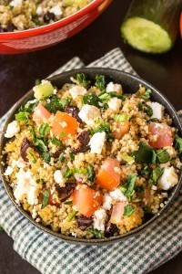 No longer are salads boring with this Healthy Greek Couscous salad! A combination of grains, feta and other vegetables means no dressing is needed- Ready in less than 10 minutes, gluten free and perfect for healthy meals throughout the week!