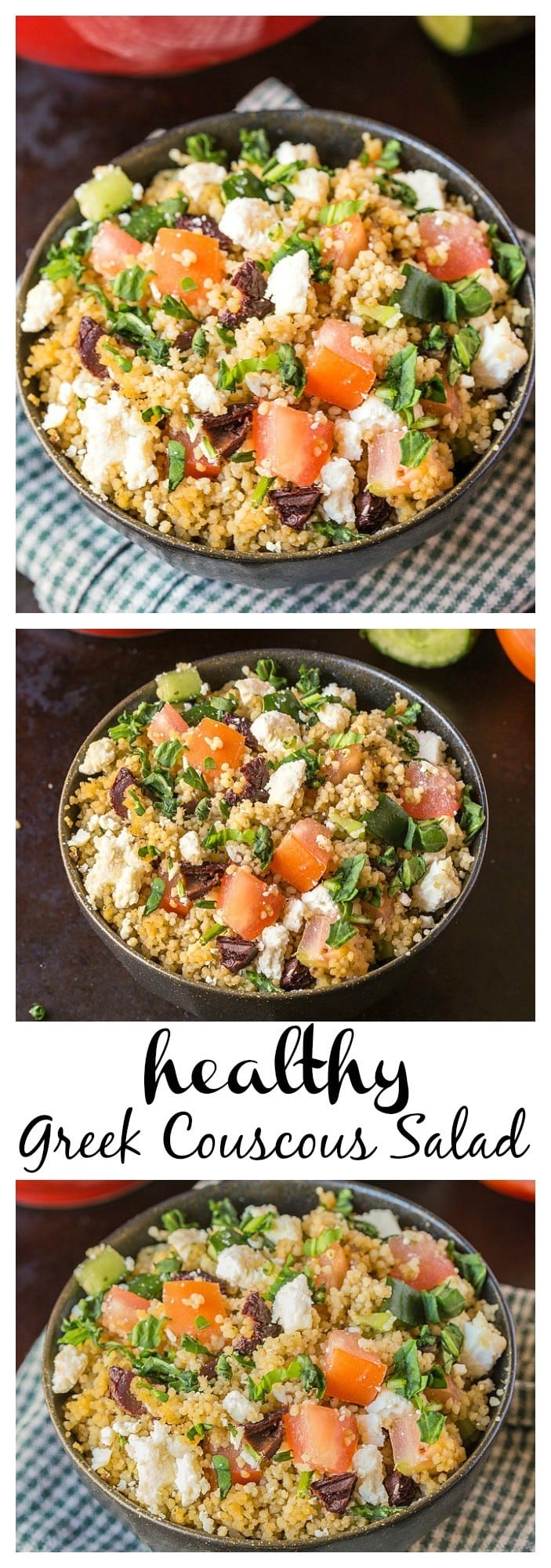 No longer are salads boring with this Healthy Greek Couscous salad! A combination of grains, feta and other vegetables means no dressing is needed- Ready in less than 10 minutes, gluten free and perfect for healthy meals throughout the week!