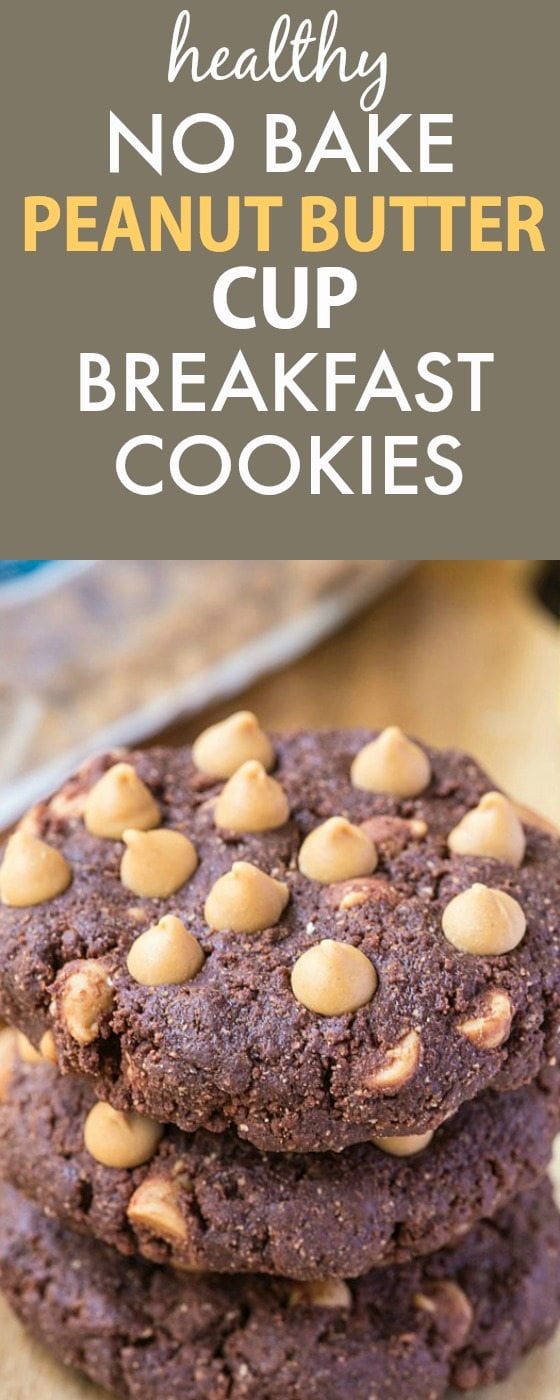 Healthy No Bake Peanut Butter Cup Breakfast Cookies- Thick, chewy and super fudgy cookies which taste like a peanut butter cup but secretly healthy! {vegan, gluten free, paleo recipe}- thebigmansworld.com