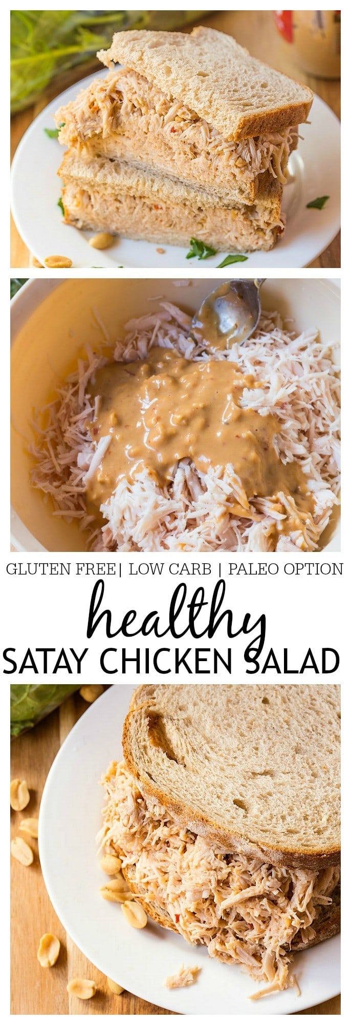 Healthy Satay Chicken Salad- Spruce up your sandwiches, wraps or bowls with this delicious healthy satay chicken salad! Chock full of flavour, this healthy salad combines peanut butter, sweet chilli sauce and liquid aminos to give your standard chicken salad a run for it's money- Gluten Free, low carb and a paleo option! @thebigmansworld - thebigmansworld.com