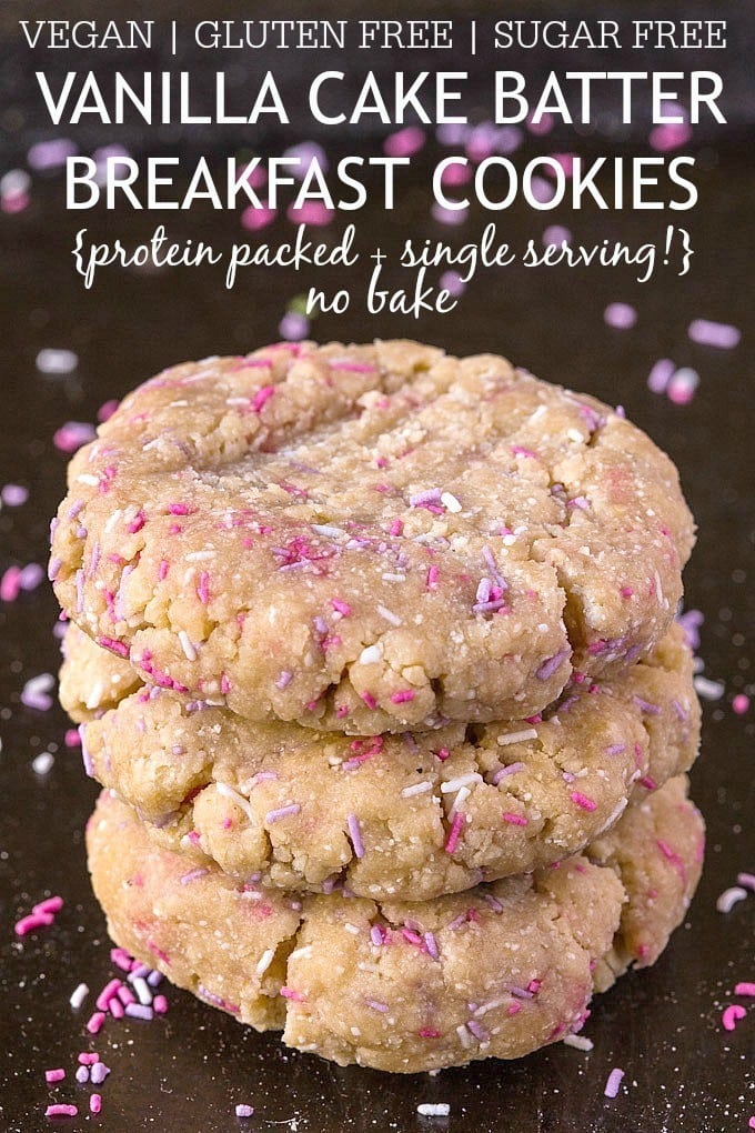 {Single Serve} No Bake Healthy Vanilla Cake Batter Breakfast Cookies- One bowl and ten minutes is all you'll need to have dessert for breakfast- With a healthy makeover! These No Bake Protein Packed Vanilla Cake Batter Breakfast cookies are single serving, gluten, sugar and dairy free with a vegan option too! @thebigmansworld -thebigmansworld.com