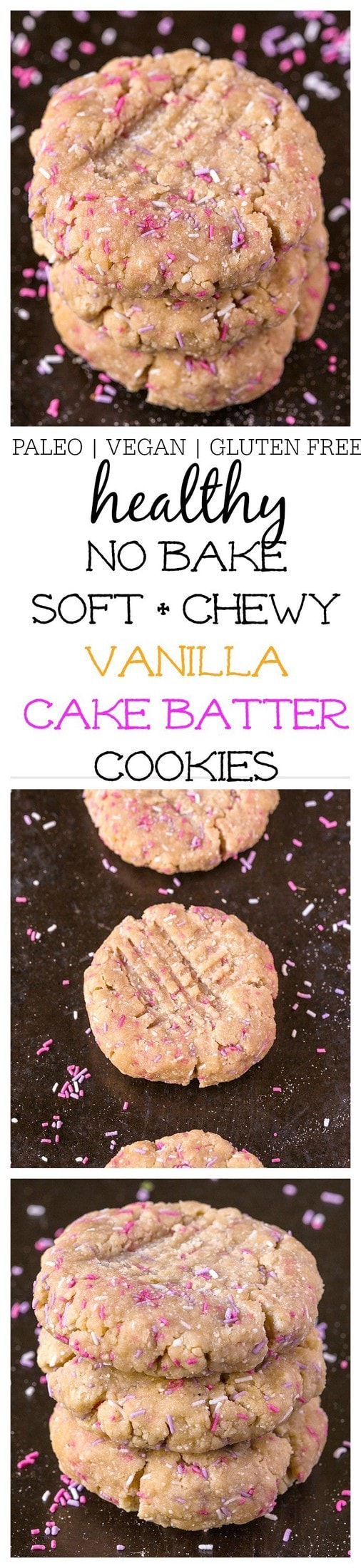 Healthy No Bake Vanilla Cake Batter Cookies- One bowl and ten minutes is all you'll need to have dessert for breakfast- With a healthy makeover! These No Bake Protein Packed Vanilla Cake Batter cookies are soft and chewy! Gluten, sugar and dairy free with a vegan and paleo option too! 