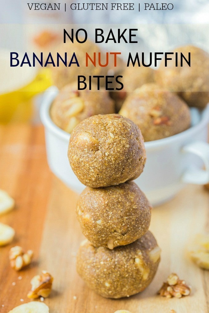 No Bake {Healthy Protein Packed!} Banana Nut Muffin Bites- The doughy taste and texture of a bakery style banana nut muffin yet requiring no baking, flour, butter or oil! These No Bake bites are vegan, gluten free, refined sugar free and high in protein- The perfect portable snack which tastes JUST like a banana nut muffin! @thebigmansworld -thebigmansworld.com