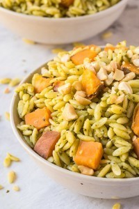Pesto + Marinated Sweet Potato Orzo Salad- Take your picnics, barbecues and grilling sessions up a notch with this fancy yet super simple side dish- Pesto orzo salad! Filled with marinated slow roasted sweet potato chunks, it's tossed through a vegan pesto making it dairy free, vegan and with a gluten free option! @thebigmansworld - thebigmansworld.com