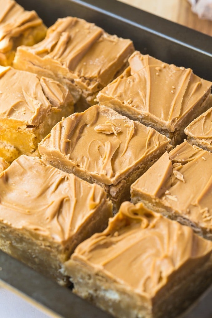 Healthy {No Bake} Triple Peanut Butter Bars- These healthy no bake triple peanut butter bars are the perfect treat or dessert for any peanut butter lover out there- This recipe comes with two versions, both gluten free and one is vegan- Quick, easy and ready in under 20 minutes! @thebigmansworld - thebigmansworld.com