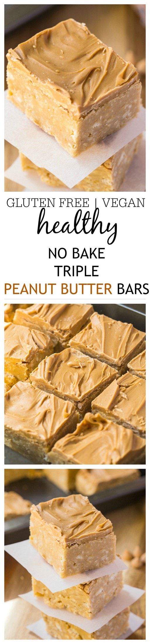 Healthy {No Bake} Triple Peanut Butter Bars- These healthy no bake triple peanut butter bars are the perfect treat or dessert for any peanut butter lover out there- This recipe comes with two versions, both gluten free and one is vegan- Quick, easy and ready in under 20 minutes! @thebigmansworld - thebigmansworld.com