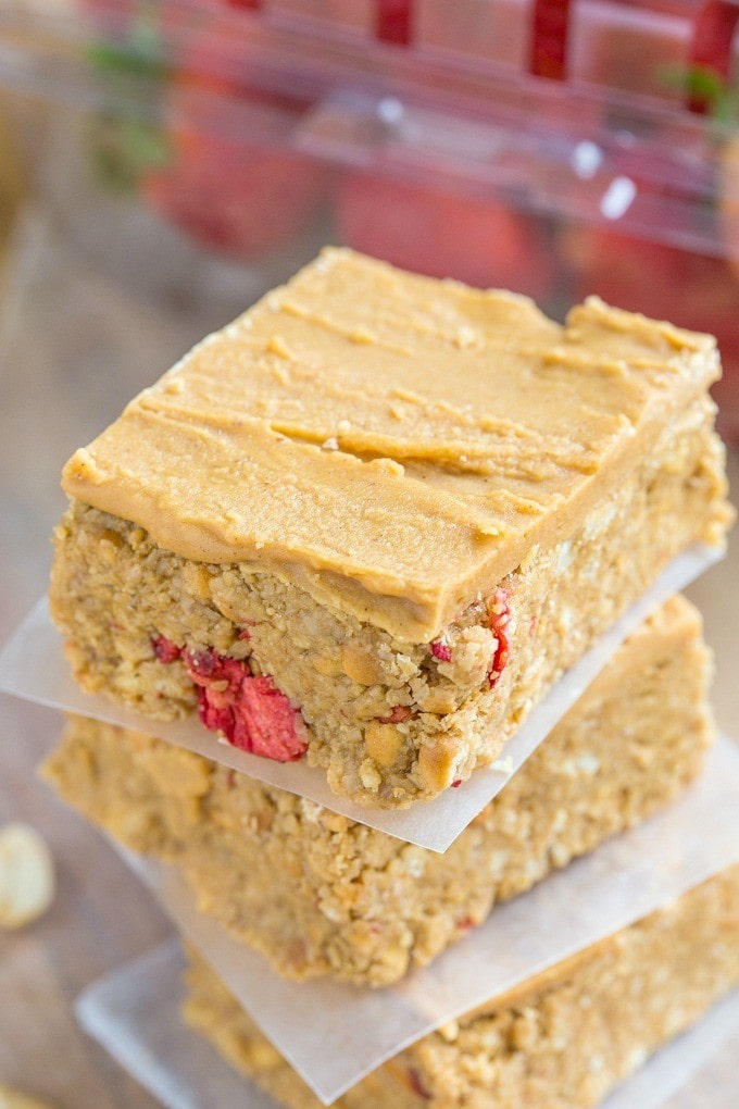 Healthy No Bake Peanut Butter and Strawberry Bars