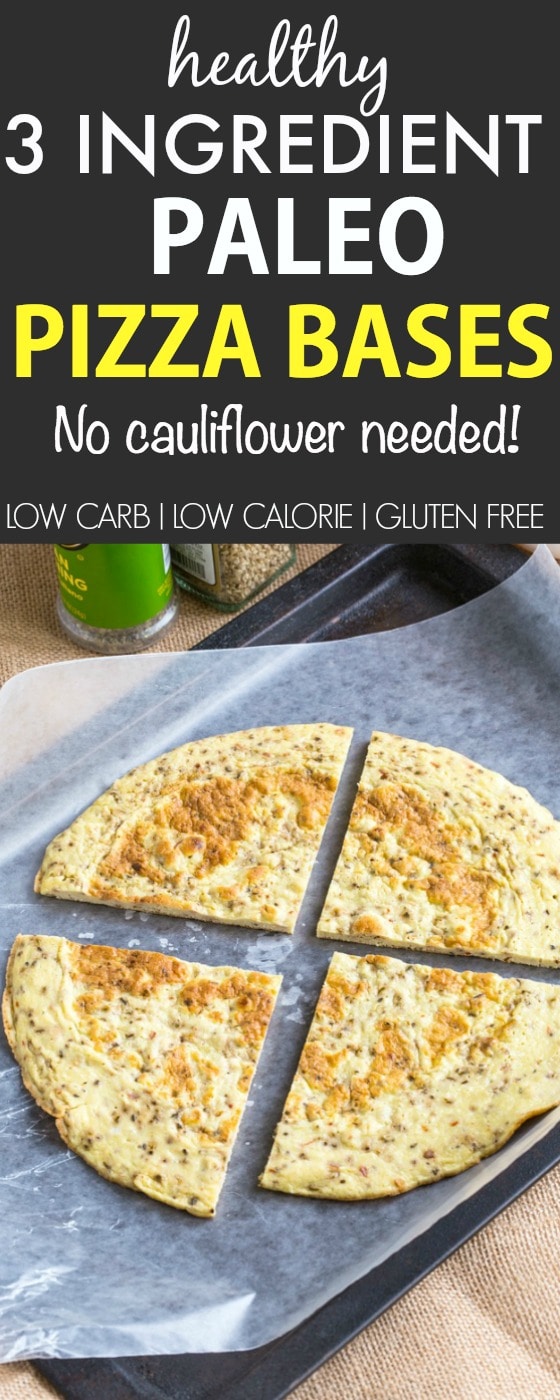 3 Ingredient Paleo Pizza Bases which have NO cauliflower and are made stovetop- They are ready in no time and chock full of protein! Gluten free and Whole30 friendly! - thebigmansworld.com