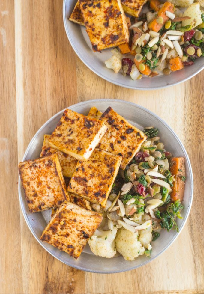 Easy Tandoori Pan Seared Tofu which takes 10 minutes and is a delicious, quick and easy weeknight dinner or lunch- It freezes beautifully too! 