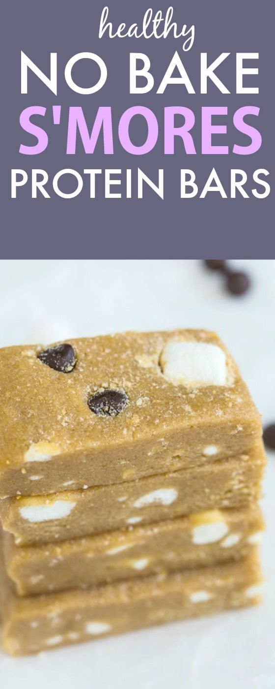 Healthy NO BAKE S'mores Protein Bars- Thick, chewy and secretly healthy, these snack bars are packed with protein but taste like dessert! A simple, easy and popular pin! {vegan, gluten free, paleo recipe}- thebigmansworld.com