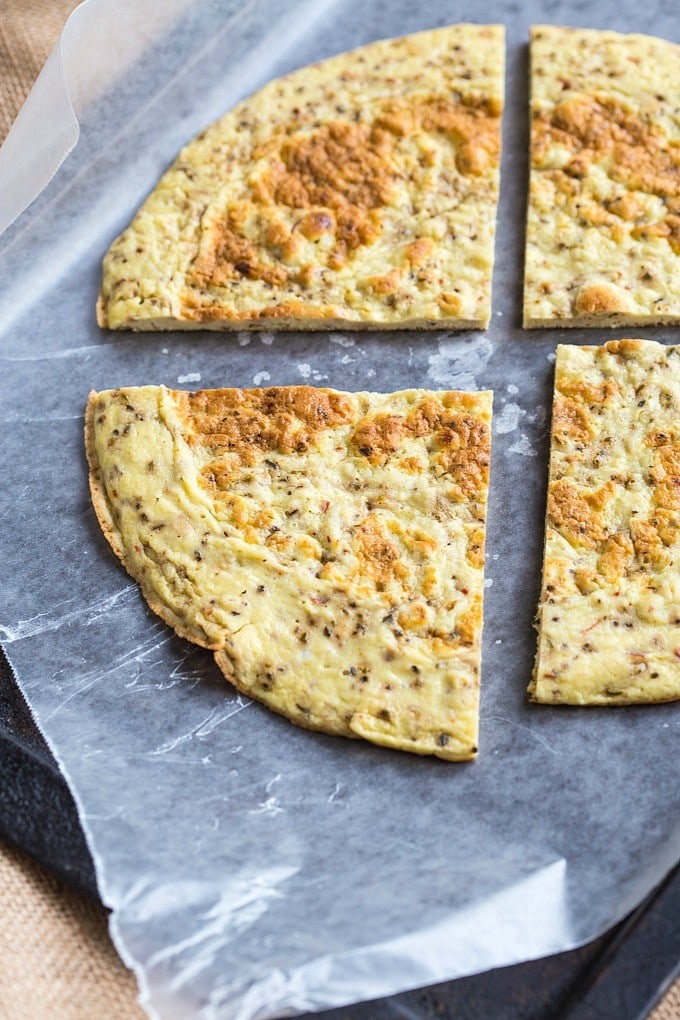 3 Ingredient Paleo Pizza Bases which have NO cauliflower and are made stovetop- They are ready in no time and chock full of protein! Gluten free and Whole30 friendly! 