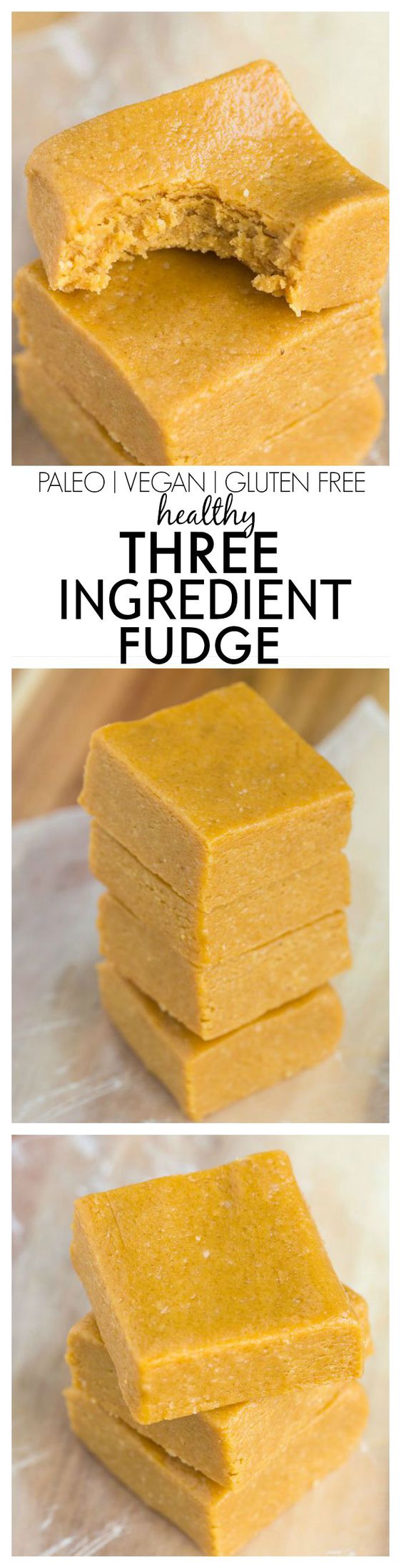 Three Ingredient No Bake Fudge which melts in your mouth and takes 5 minutes! Paleo, vegan and gluten free too!