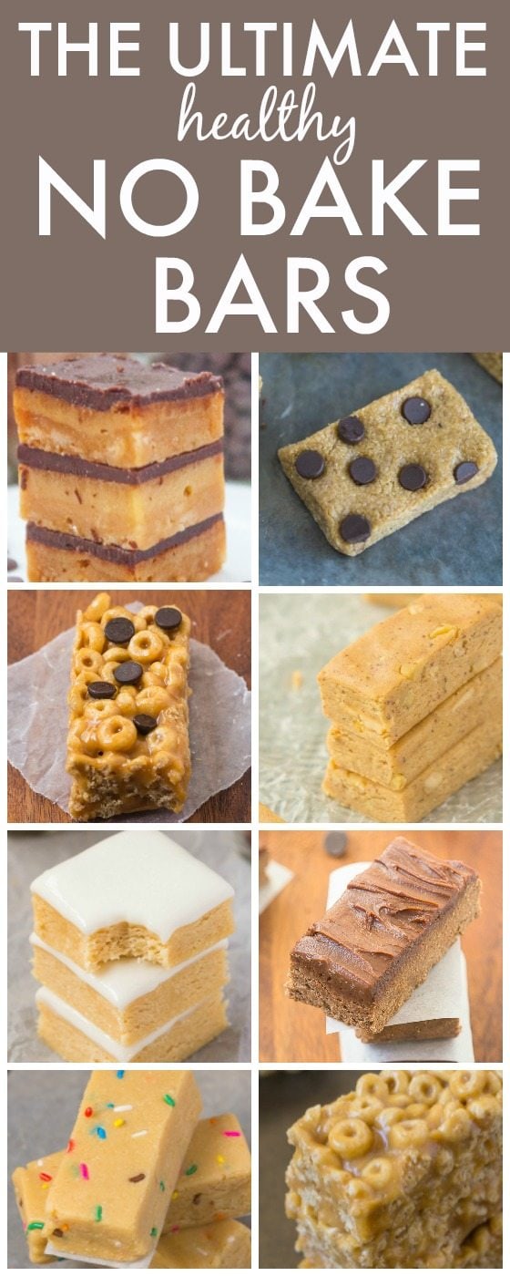 The Ultimate Healthy NO BAKE Bars- Delicious, quick, easy and portable- Made with NO butter, oil, white flour or white sugar and packed with protein! {vegan, gluten free, paleo recipe options}- thebigmansworld.com