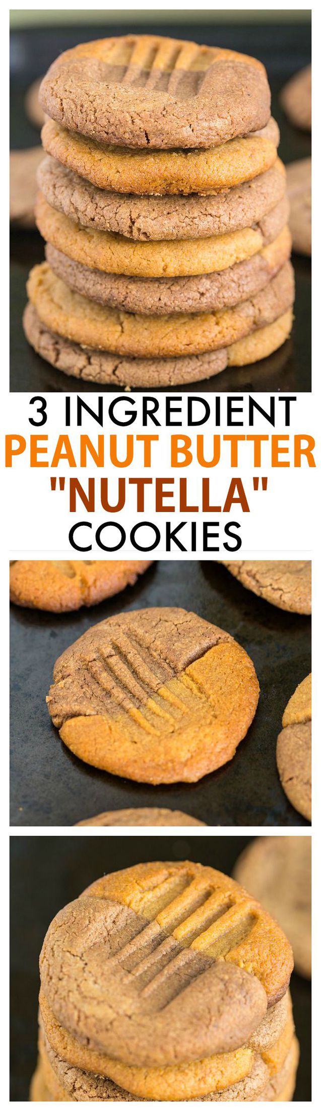 3 Ingredient Flourless Peanut Butter Nutella Cookies- Quick and easy, Soft and chewy grain free cookies which has the best of both worlds- There is a trialled paleo + vegan version too!