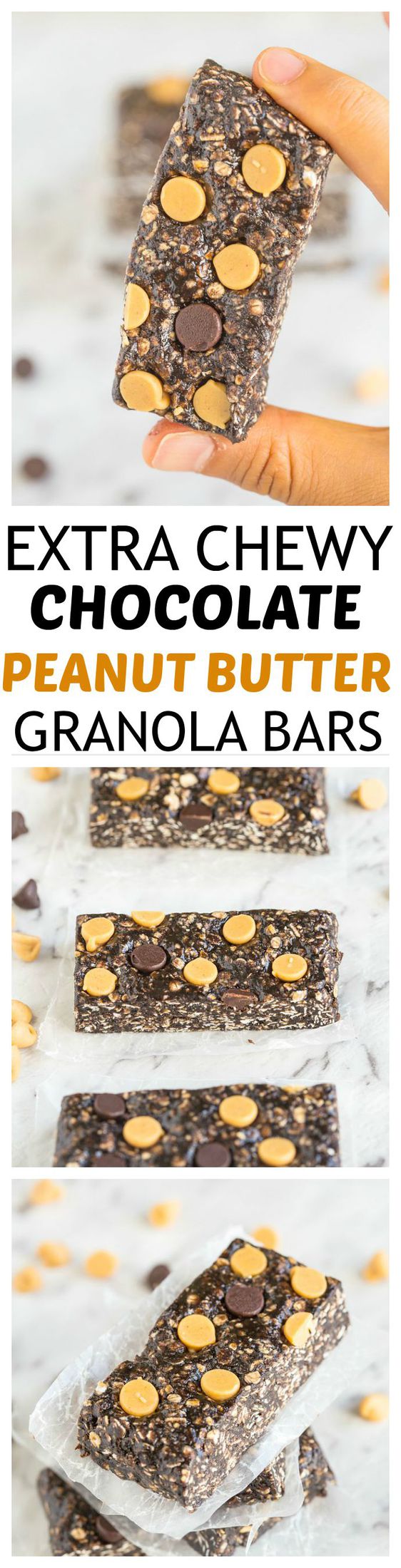 Extra Chewy Chocolate Peanut Butter Granola Bars-No bake and ready in 5 minutes, they are gluten free, over 20 grams of protein and a vegan option too- A delicious snack! 