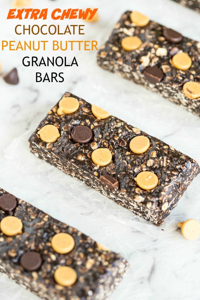 Extra Chewy Chocolate Peanut Butter Granola Bars-No bake and ready in 5 minutes, they are gluten free, over 20 grams of protein and a vegan option too- A delicious snack! 