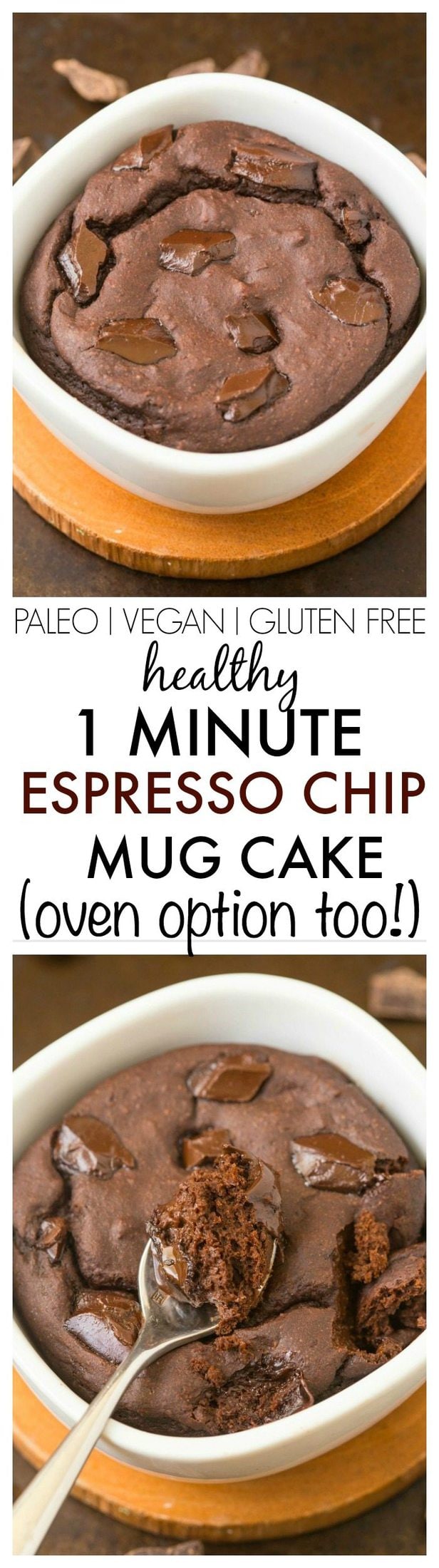 Healthy 1 Minute Espresso Chip Mug Cake- Tasting just like tiramisu, this delicious single serve cake is light, fluffy and has NO butter, NO oil, NO grains and NO sugar- Oven option too! {vegan, gluten free, paleo recipe}- thebigmansworld.com