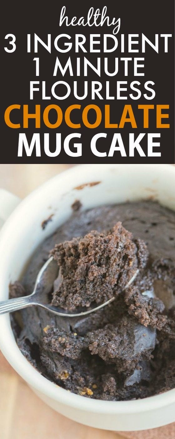 Healthy 3 Ingredient Chocolate Mug Cake made with THREE easy ingredients (and one minute!) and no boxed mix- NO butter, oil, flour, grains or sugar yet 100% EASY + DELICIOUS! {vegan, gluten free, paleo recipe}- thebigmansworld.com