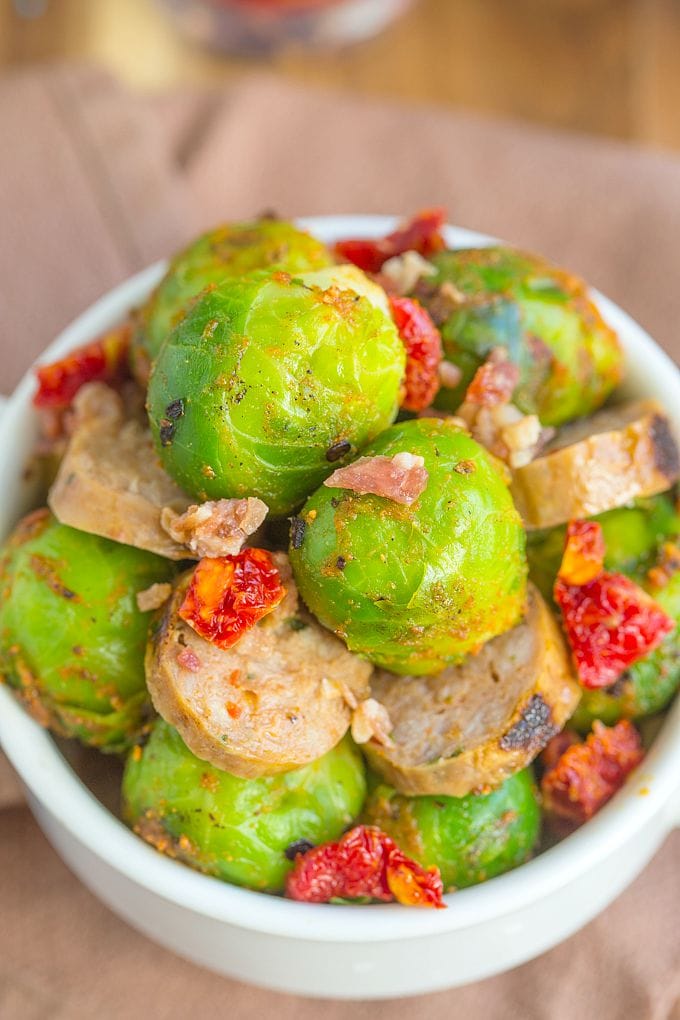 Warm Brussels Sprouts and Chorizo Salad- A quick and easy weeknight meal which takes less than 15 minutes- Filling, healthy and hearty- Perfect for a main or appetiser- thebigmansworld.com