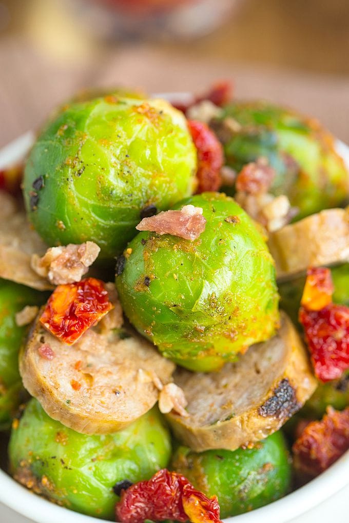 Warm Brussels Sprouts and Chorizo Salad- A quick and easy weeknight meal which takes less than 15 minutes- Filling, healthy and hearty- Perfect for a main or appetiser- thebigmansworld.com