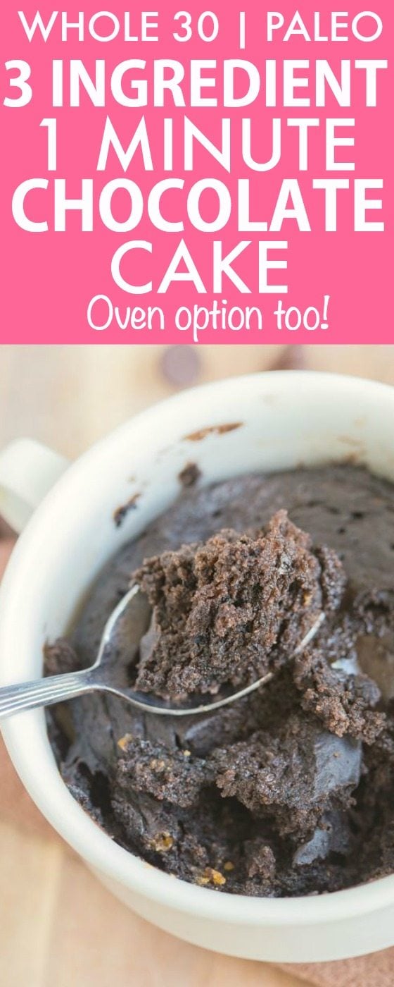 3 Ingredient 1 Minute Chocolate Cake Bake (Whole 30, Paleo, V, GF)- Whole30 friendly breakfast or snack which uses just THREE ingredients- Flourless, grain-free and fruit based and sweetened! Microwave mug cake or oven option! {whole 30, paleo, vegan, gluten free recipe}- thebigmansworld.com